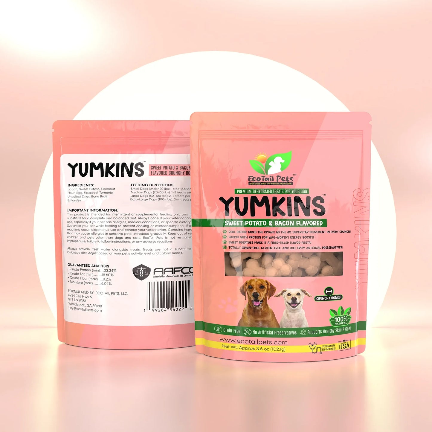 𝗦𝗨𝗕𝗦𝗖𝗥𝗜𝗣𝗧𝗜𝗢𝗡 • Yumkins™: Sweet Potato & Bacon Flavored Bones (Dogs) - Medium Size Single Pouch - 3.6oz