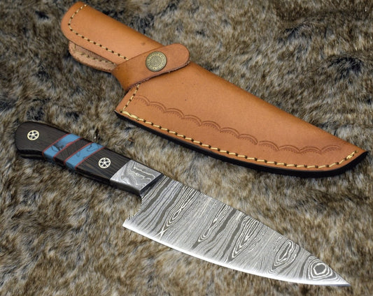 Solstice Damascus Chef Knife with Exotic Wenge Wood & Turquoise Handle