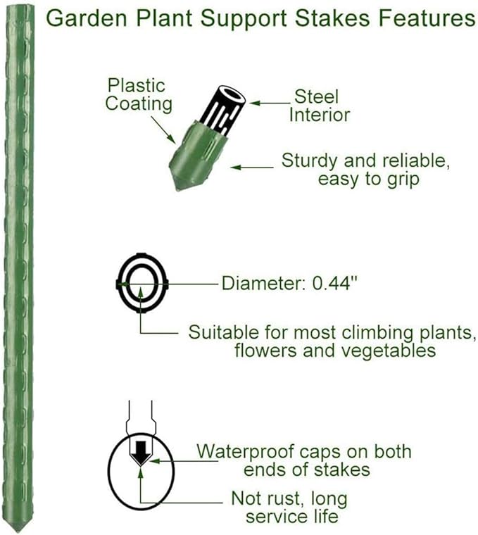 Twenty (20) Strong Steel Garden Stakes (available in lengths of:  3', 4', 5', and 6') All plant sticks are 7/16" diameter. Extra Grabby Coating