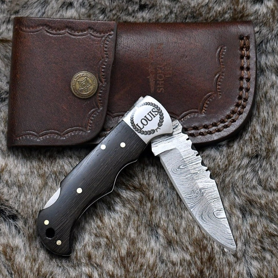 Starshard Damascus Pocket Knife with Exotic Wenge Wood Handle