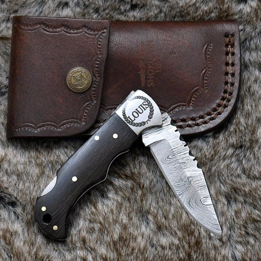 Starshard Damascus Pocket Knife with Exotic Wenge Wood Handle