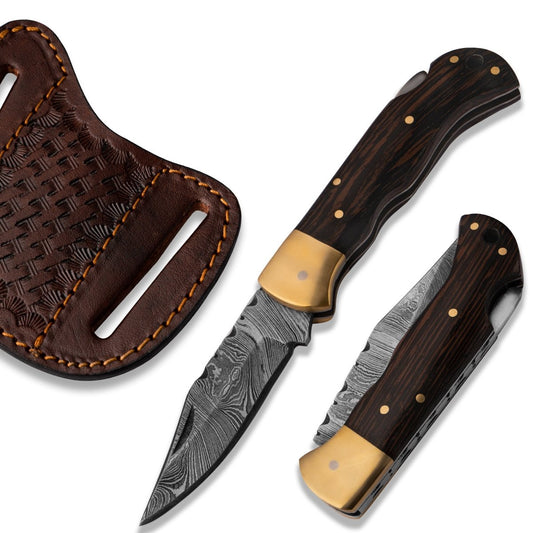 Perseus Damascus Pocket Knife with Exotic Wenge Wood Handle