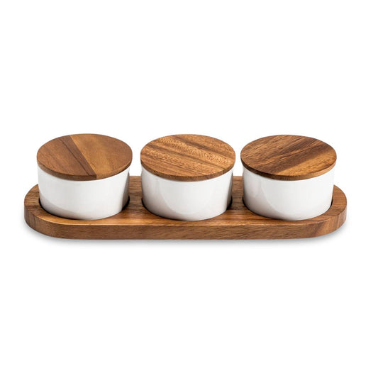 Condiment Serving Set 3 Ceramic Bowls with Lids 13" x 3.75" - The Groovalution - Little Red General Store