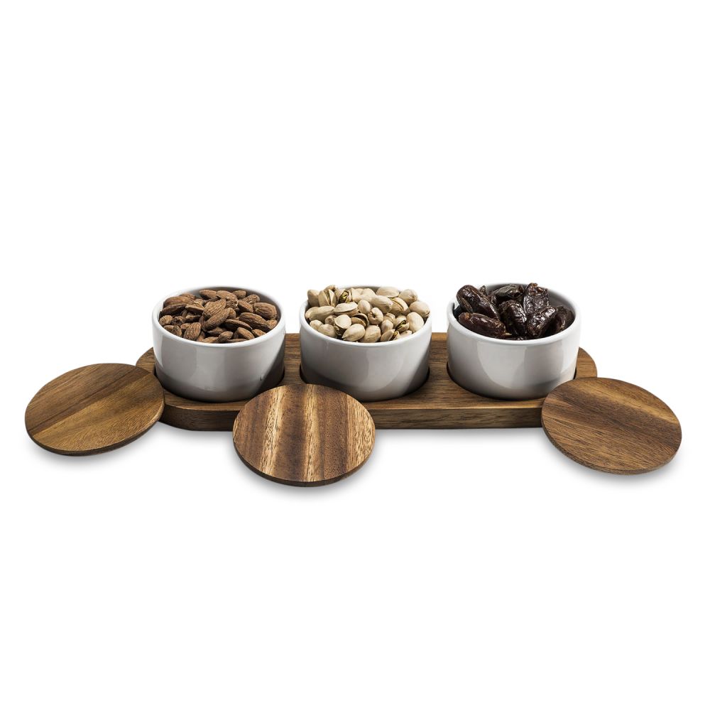Condiment Serving Set 3 Ceramic Bowls with Lids 13" x 3.75" - The Groovalution - Little Red General Store