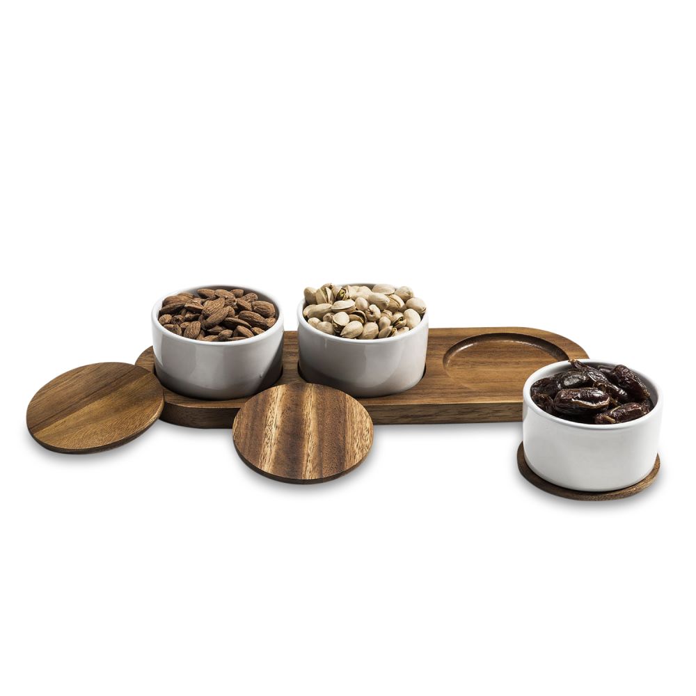 Condiment Serving Set 3 Ceramic Bowls with Lids 13" x 3.75" - The Groovalution - Little Red General Store