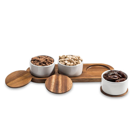 Condiment Serving Set 3 Ceramic Bowls with Lids 13" x 3.75" - The Groovalution - Little Red General Store