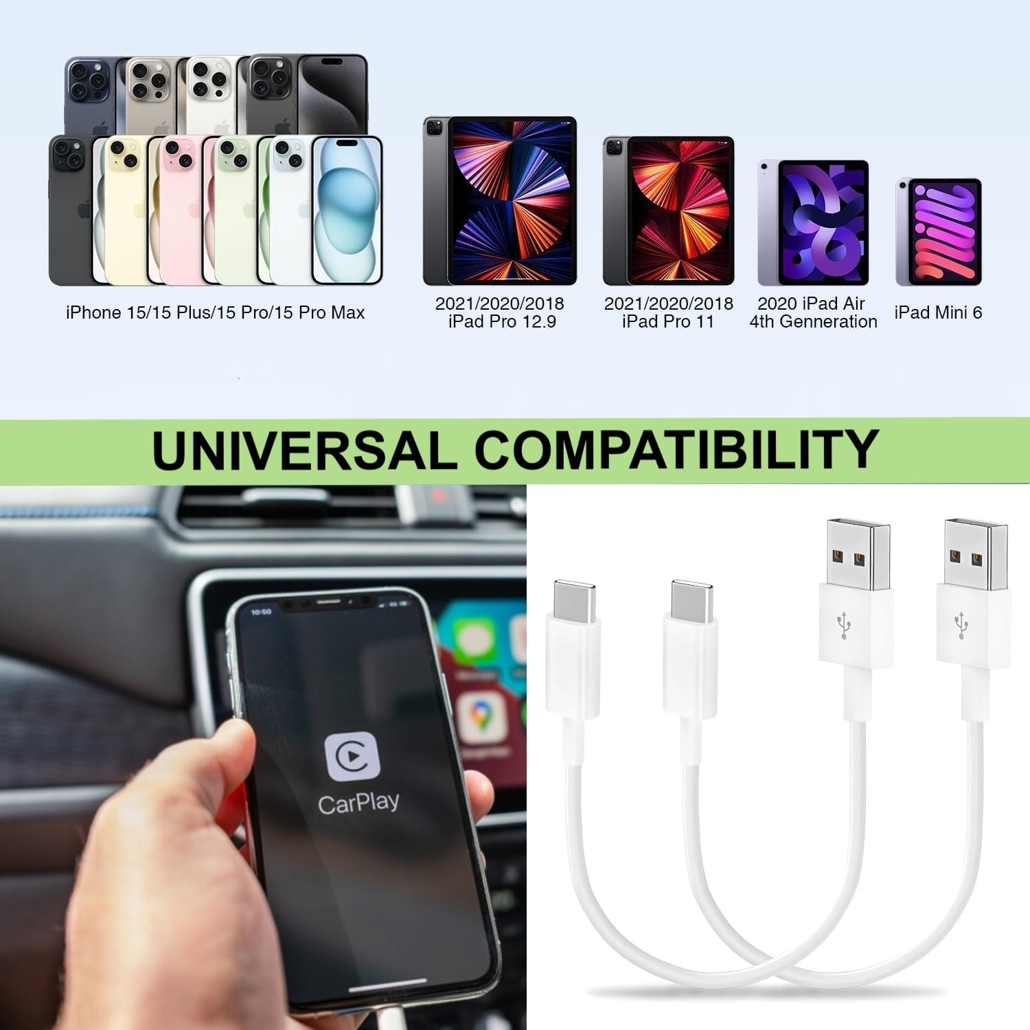 Short USB to USB C CarPlay Cable 1.15ft [Pack of 2] - Top - Up - Smart charging solutions - Little Red General Store