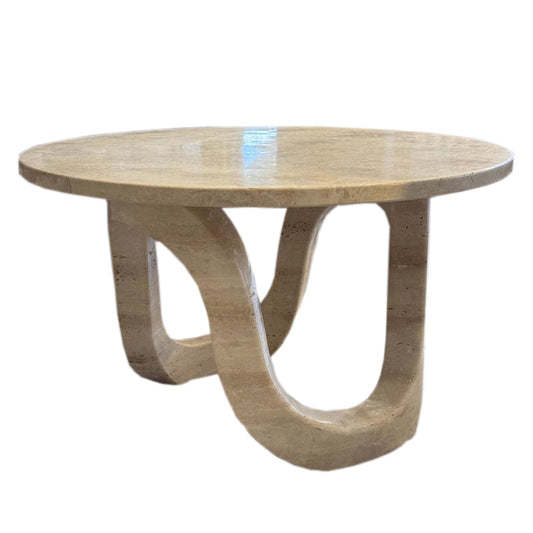 Troia Light Travertine Vein-cut Designer Round Polished Coffee Table (D)24" (H)14"