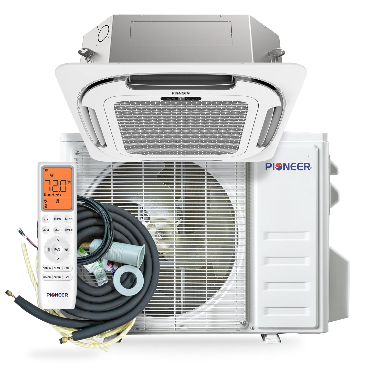 Pioneer® Quantum Ultra™ 24,000 BTU 22.5 SEER2 230V 8-Way Ceiling Cassette Ductless Mini-Split Air Conditioner Inverter Heat Pump Full Set