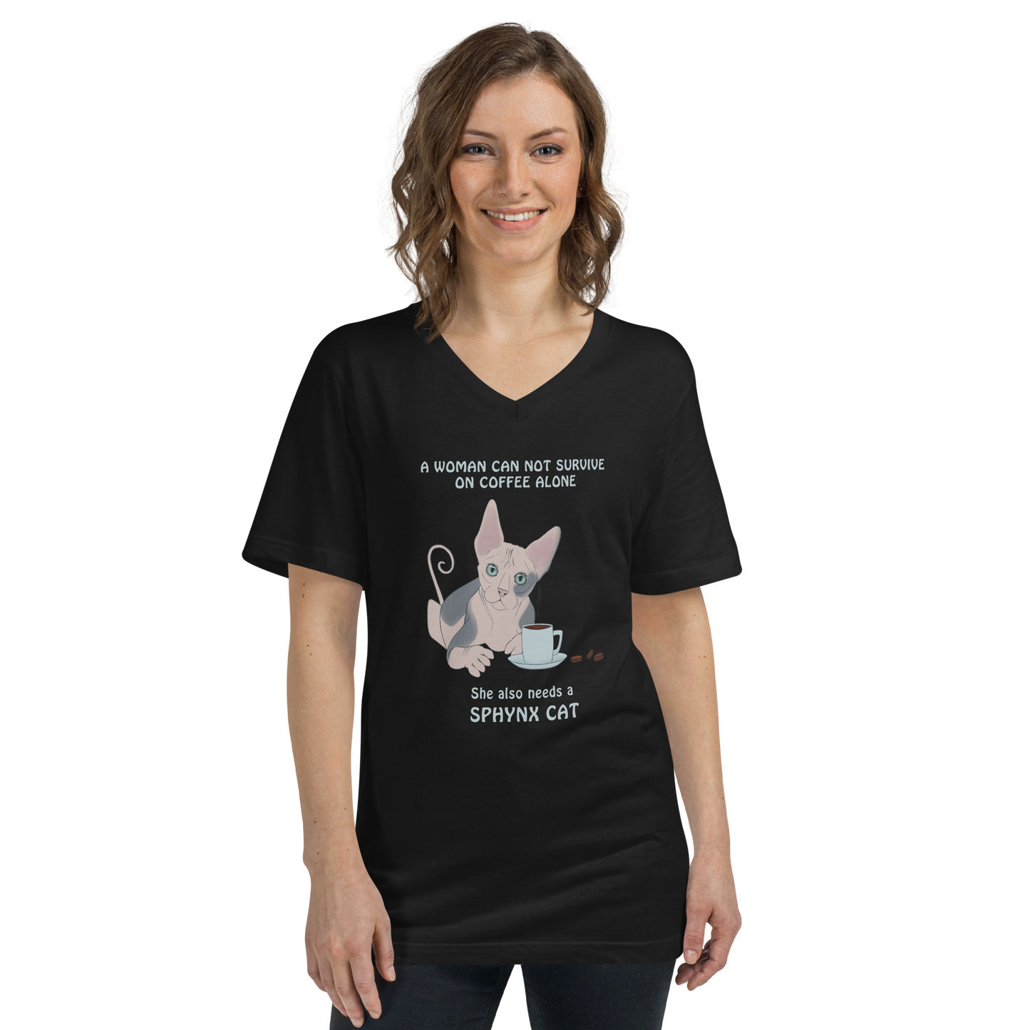 "WOMAN CAN'T SURVIVE ON COFFEE ALONE" WOMAN'S V-NECK TEE