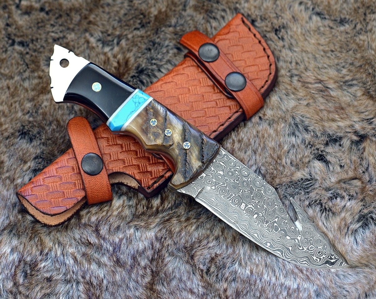 Vertex Damascus Gut Hook Knife with Ram Horn & Turquoise Handle