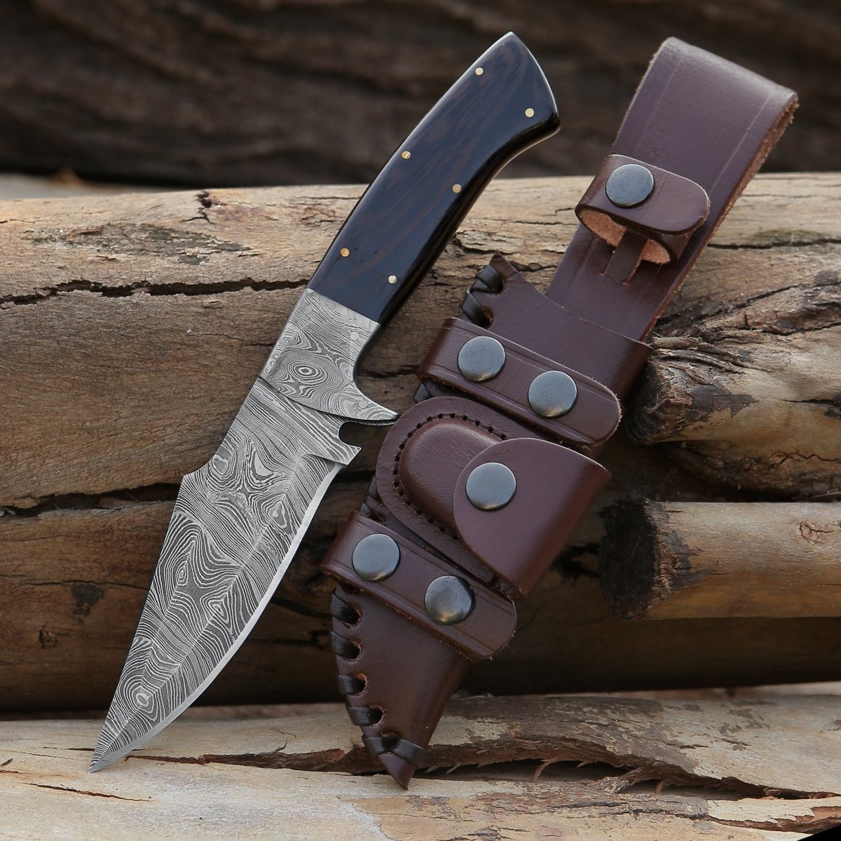 Vesper Damascus Hunting Knife with Exotic Wenge Wood Handle & Sheath
