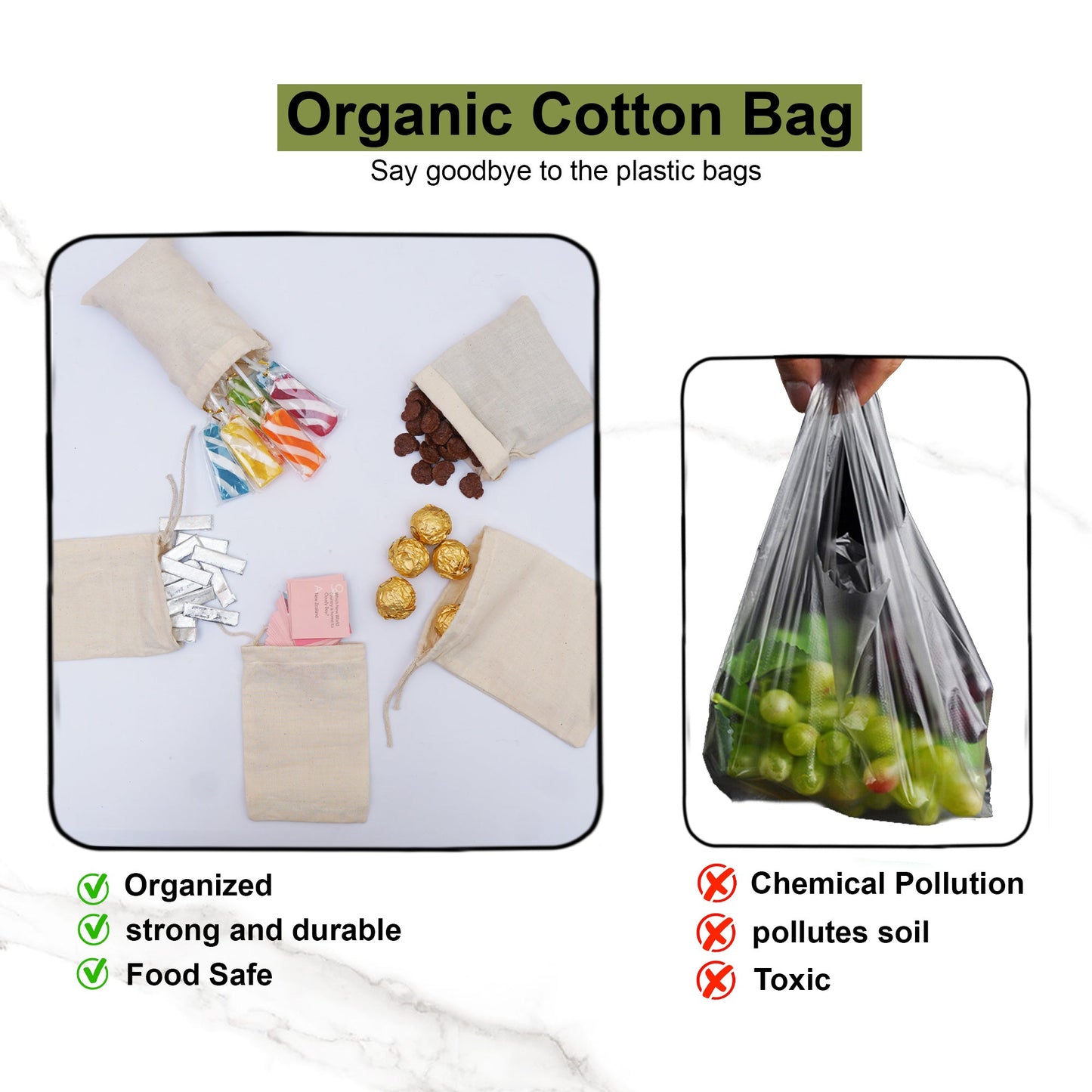 2x3 Inches Reusable Eco-Friendly Cotton Single Drawstring Bags Natural Color
