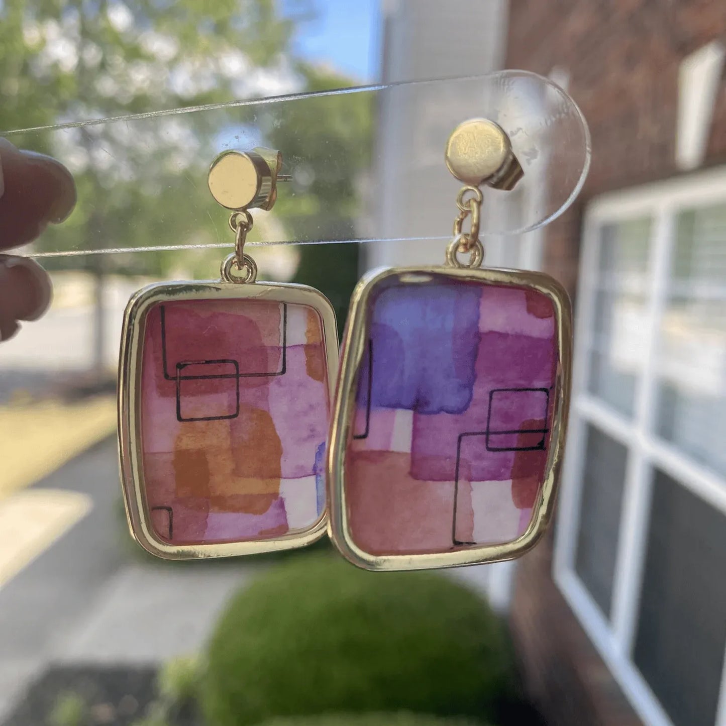 Framed Abstract Watercolor Dangle Earrings – Handmade in Charlotte NC