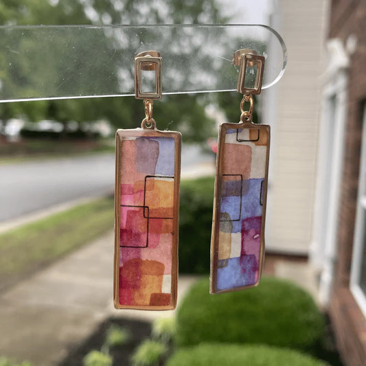 Framed Rectangle Abstract Watercolor Dangle Earrings – Handmade in Charlotte NC
