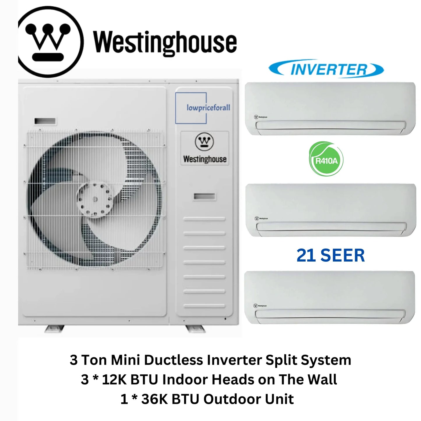 Westinghouse WHP36M4A21S Mini Split Inverter Air Conditioner System Wall Mounted 4-Zone 36K BTU Outdoor and WHP12WMA21S 12k + 12k + 12k Indoor
