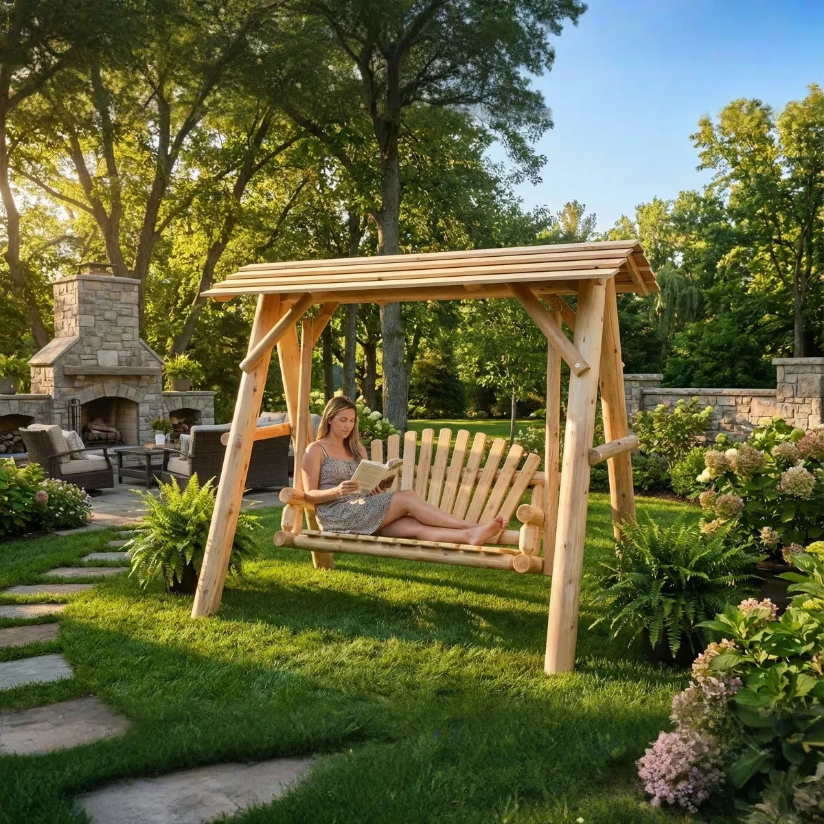 Wooden Porch Swing with Canopy