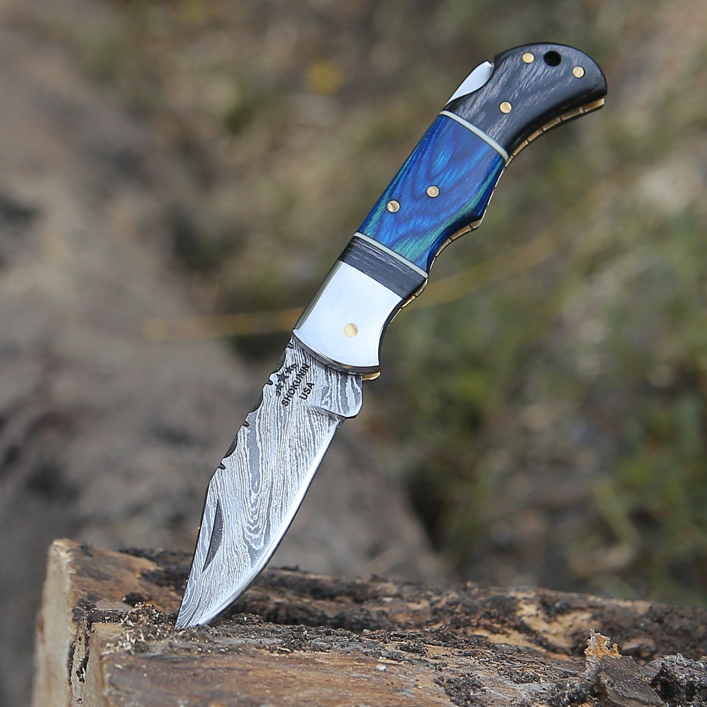 Bluesteel Damascus Folding Hunting Knife with Pakkawood Handle