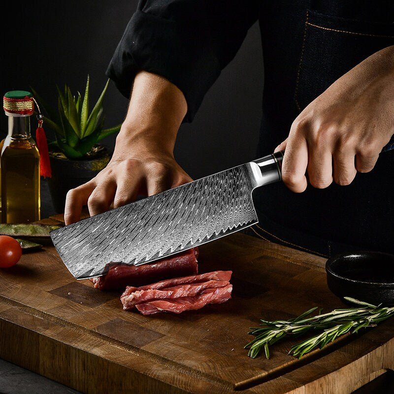 Yamato VG10 Chef Knife Damascus Nakiri Knife with Exotic Olive Wood & Honeycomb Resin Handle