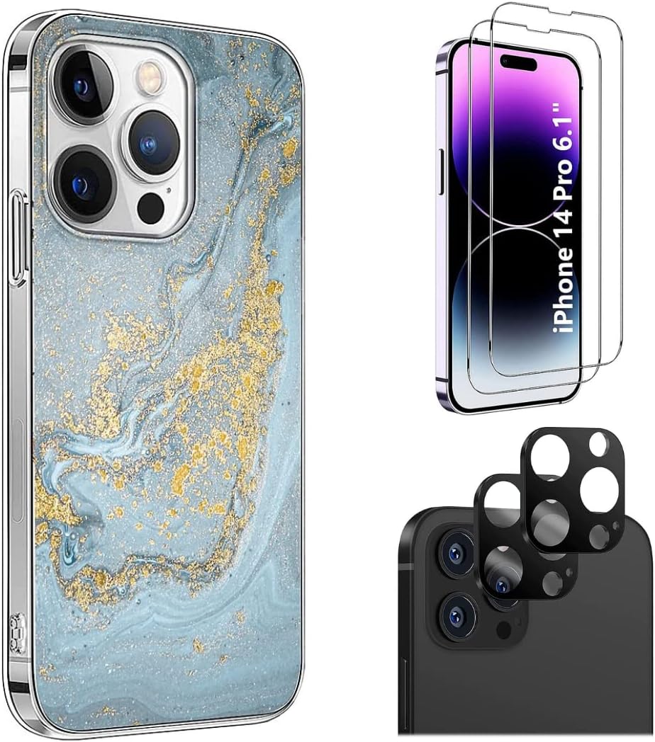 iPhone 14 Pro 6.1 - inch Protection Kit Bundle - Marble Series Case with Tempered Glass Screen and Camera Protector (Blue Marble) - Zerodamage Sahara Case LLC - Little Red General Store