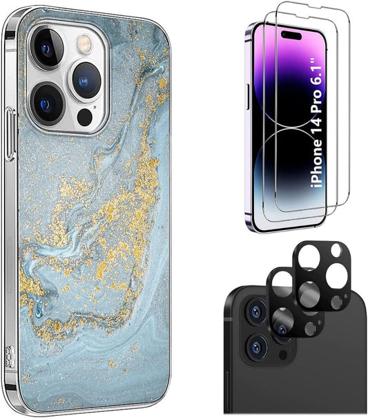 iPhone 14 Pro 6.1 - inch Protection Kit Bundle - Marble Series Case with Tempered Glass Screen and Camera Protector (Blue Marble) - Zerodamage Sahara Case LLC - Little Red General Store
